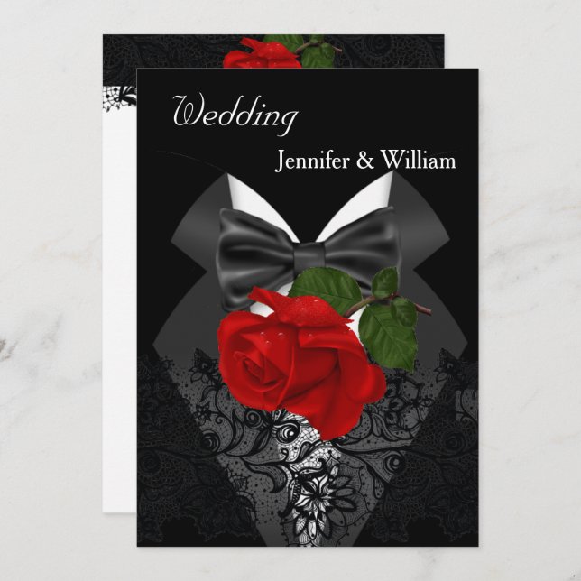 Wedding Black White Tuxedo Deep RED Rose 2 Invitation (Front/Back)