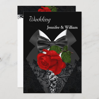 Wedding Black White Tuxedo Deep RED Rose 2 Invitation