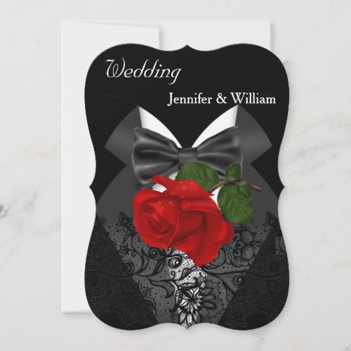 Wedding Black White Tuxedo Deep RED Rose 2b Invitation