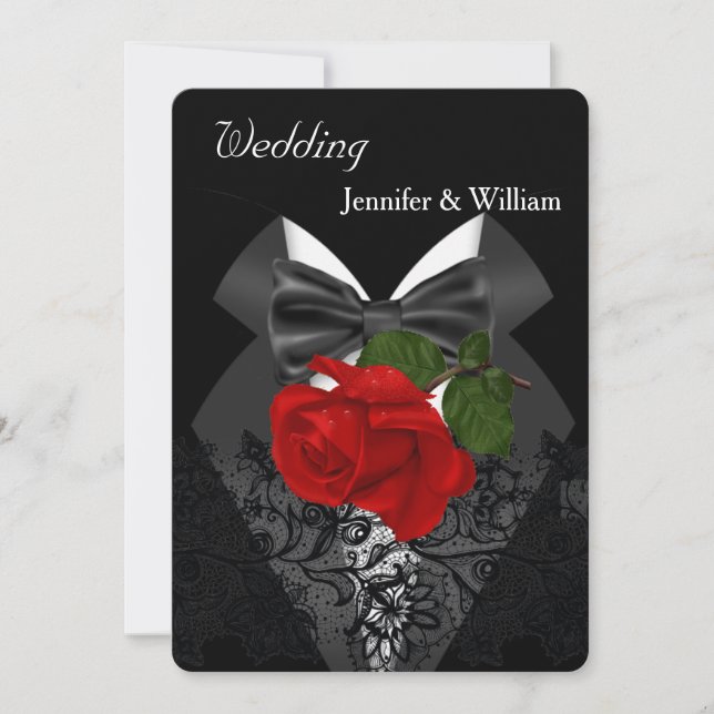 Wedding Black White Tuxedo Deep RED Rose 2c Invitation (Front)