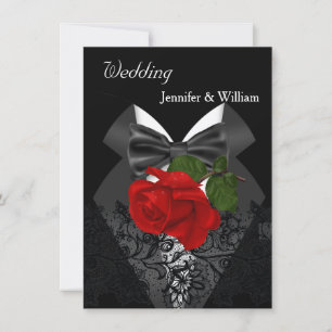 Wedding Black White Tuxedo Deep RED Rose 2d Invitation