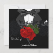 Wedding Black White Tuxedo Deep RED Rose Invitation (Front)
