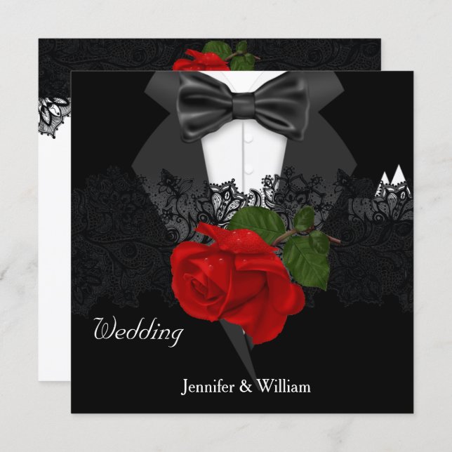 Wedding Black White Tuxedo Deep RED Rose Invitation (Front/Back)