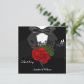 Wedding Black White Tuxedo Deep RED Rose Invitation (Standing Front)
