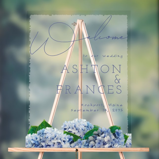 Wedding Bliss Blue Hydrangea Border Welcome Acrylic Sign (Neutral)