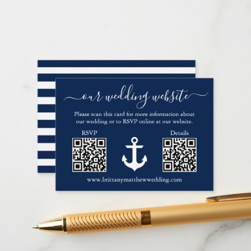 Wedding Blue Anchor 2 QR RSVP Details Striped Enclosure Card