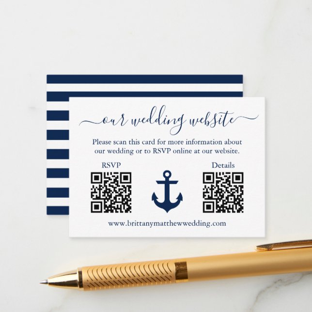 Wedding Blue Anchor Stripes 2 QR RSVP Details Enclosure Card (Front/Back In Situ)