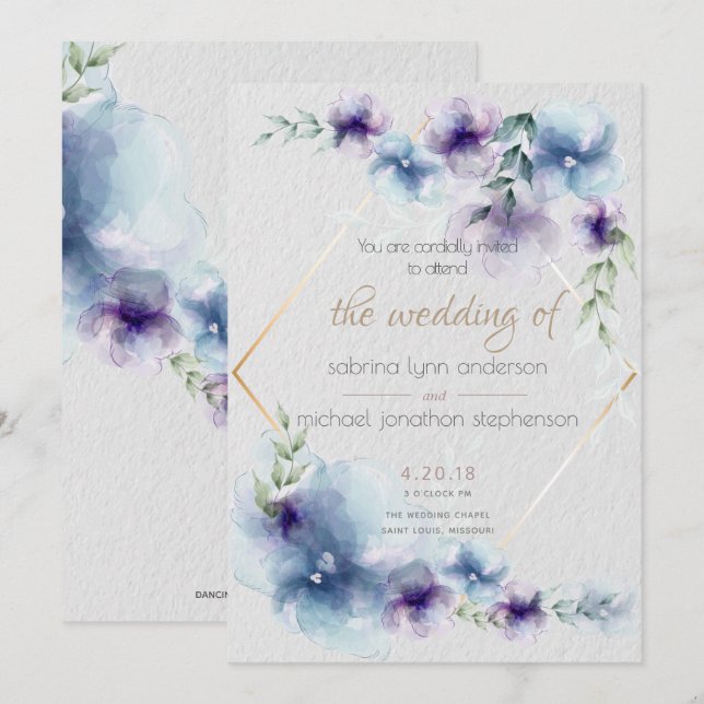 Wedding | Blue and Violet Watercolor Floral 2 Invitation (Front/Back)