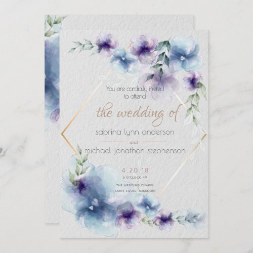 Wedding  Blue and Violet Watercolor Floral 2 Invitation