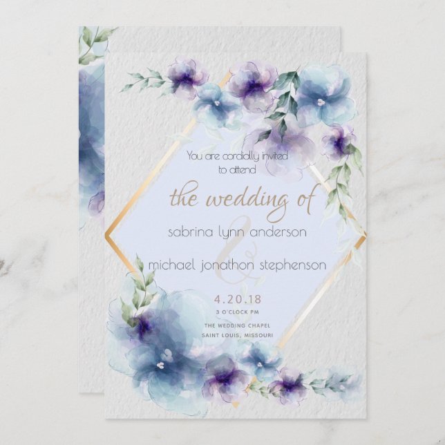 Wedding | Blue and Violet Watercolor Floral Invitation (Front/Back)