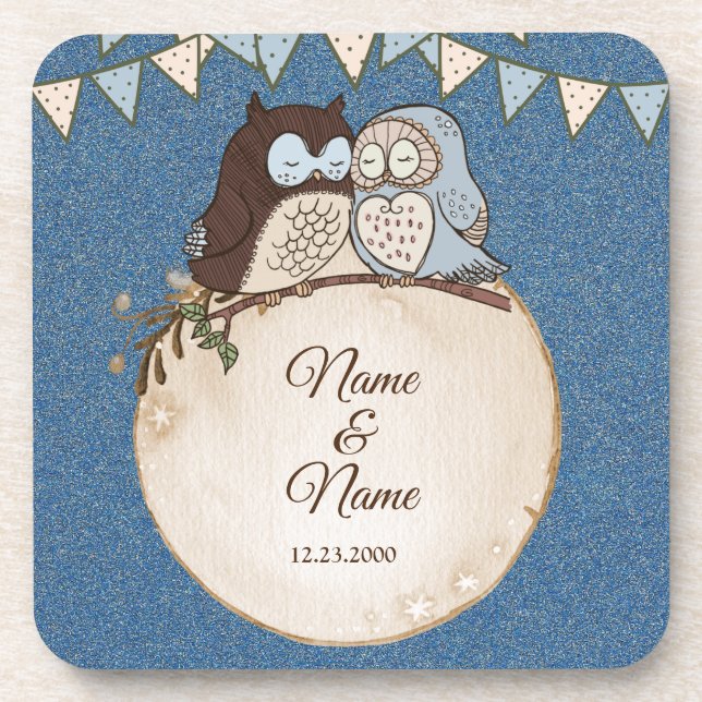 Wedding Blue Brown Owl Glitter Beautiful Beverage  Beverage Coaster (Front)