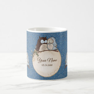 Wedding Blue Brown Owl Glitter Beautiful Coffee Mug