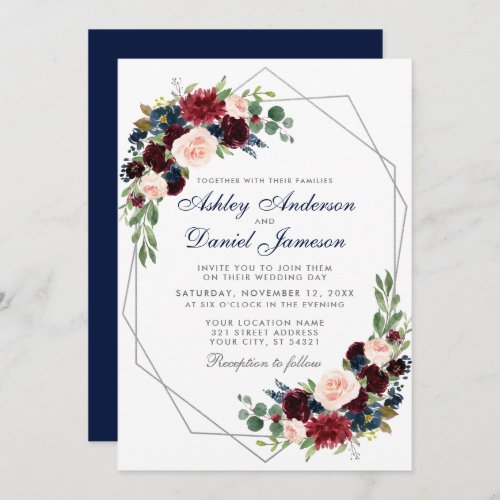 Wedding Blue Burgundy Floral Geometric Silver Invitation