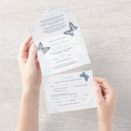 Wedding blue cream butterflies meal RSVP details All In One Invitation