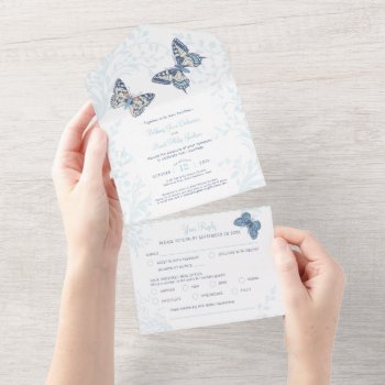 Wedding Blue Cream Butterflies Swirls Meal Rsvp All In One Invitation by mylittleedenweddings at Zazzle