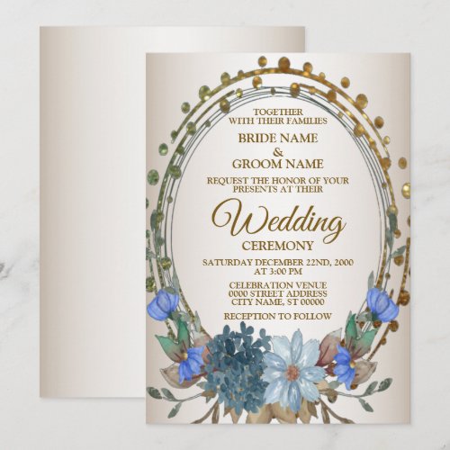 Wedding Blue Floral Golden Geometric Vintage Invitation
