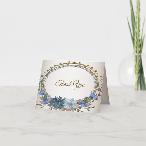 Wedding Blue Floral Golden Geometric Vintage Thank You Card