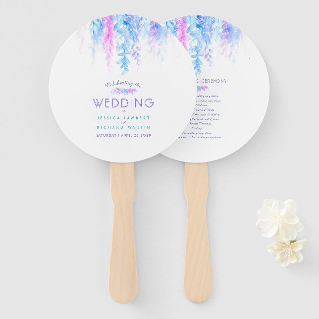 Wedding blue flower cascade program fans (Front and Back)