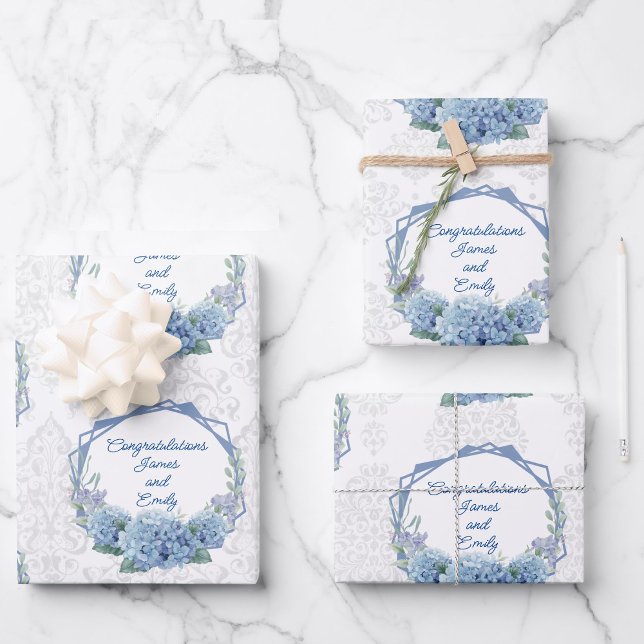 Wedding Blue Hydrangeas Personalize Names Damask 3 Wrapping Paper Sheets (Creator Uploaded)