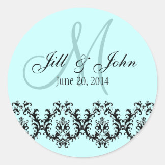 Wedding Blue Monogram Save the Date Classic Round Sticker