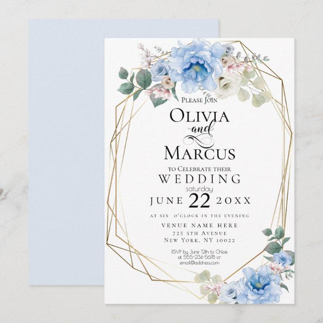 Wedding |  Blue Peony Watercolor Flowers Invitation (Front/Back)