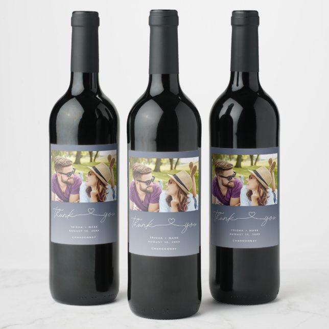Wedding Blue Photo Thank You Favor Wine Label (Bottles)