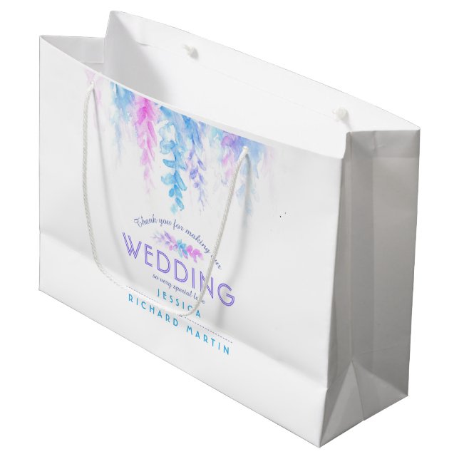 Wedding blue pink flowers thank you large gift bag (Front Angled)
