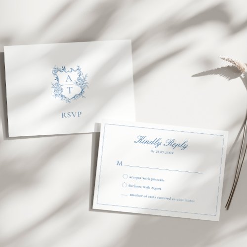 Wedding Blue Script Crest Monogram RSVP Card