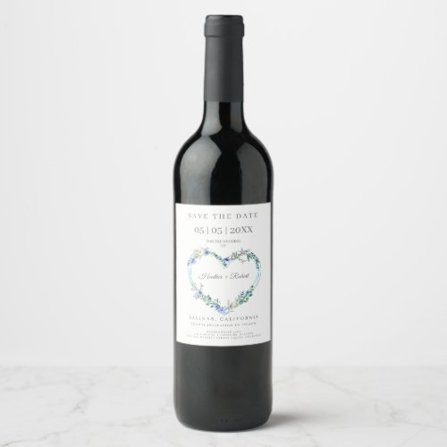 Wedding Blue Shades Floral Heart for Save the Date Wine Label