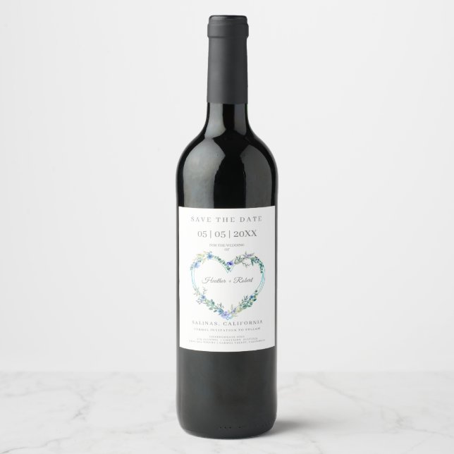 Wedding Blue Shades Floral Heart for Save the Date Wine Label (Front)