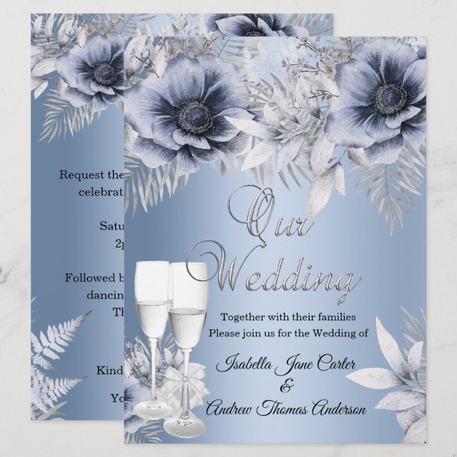 Wedding Blue Silver Floral Bouquet Champagne Invitation (Front/Back)