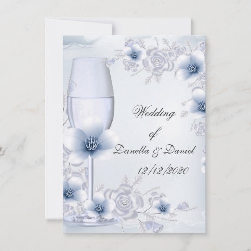 Wedding Blue Silver roses blossom Invitation