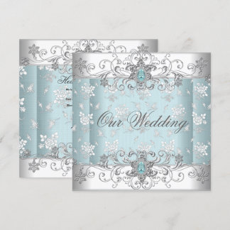 Wedding Blue Silver White Diamond Jewel Lace Invitation
