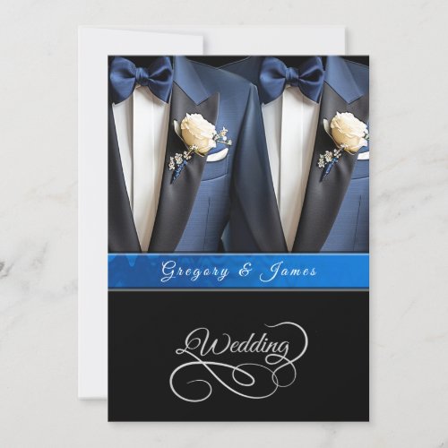 Wedding Blue Tuxedos White Roses Invitation