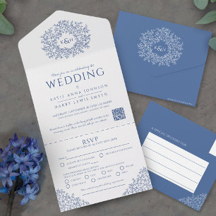 Wedding blue white circle of leaves QR All In One Invitation