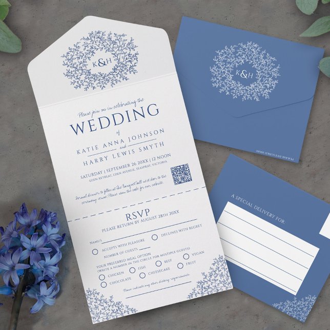 Wedding blue white circle of leaves QR  All In One Invitation (Creator Uploaded)