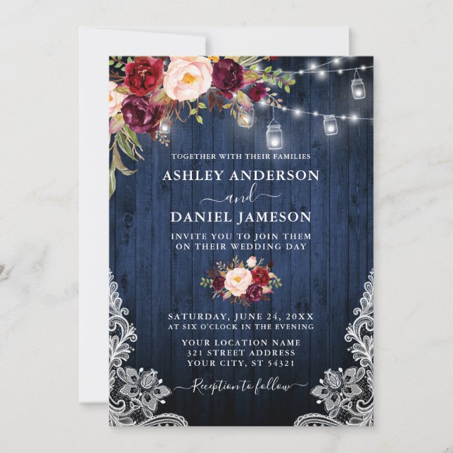 Wedding Blue Wood Burgundy Floral Jar Lights Lace Invitation (Front)