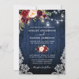 Wedding Blue Wood Burgundy Floral Jar Lights Lace Invitation