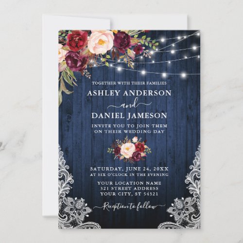 Wedding Blue Wood Burgundy Floral Lights Lace Invitation