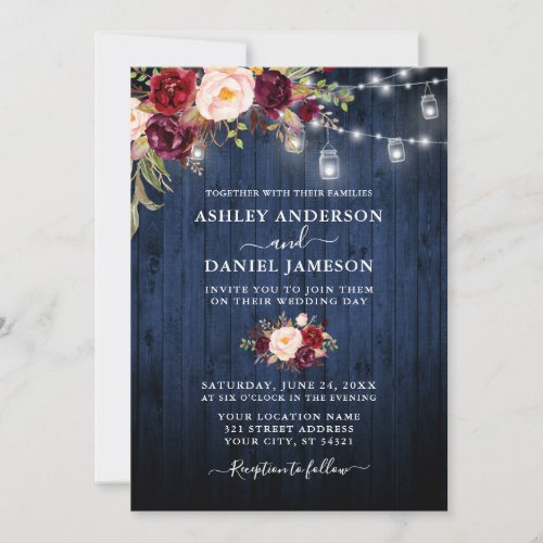 Wedding Blue Wood Burgundy Floral Mason Jar Lights Invitation