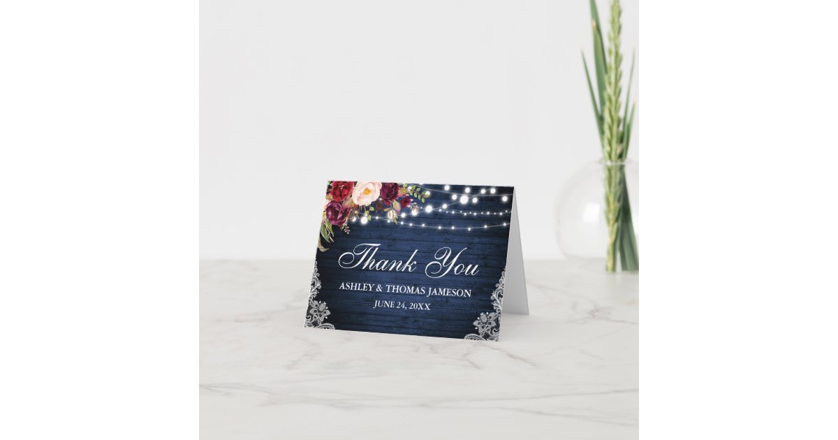 Wedding Blue Wood Floral Lights Lace Thanks Note Thank You Card | Zazzle