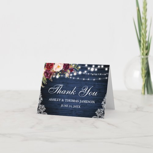 Wedding Blue Wood Floral Lights Lace Thanks Note Thank You Card