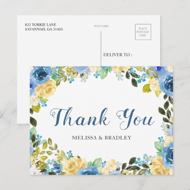 Wedding Blue Yellow Floral Thank You Postcard (Front/Back)
