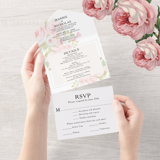 Wedding Blush Dusty Pink Rose Floral Watercolor All In One Invitation (Wedding Blush Dusty Pink Rose Floral Watercolor All In One Invitation)