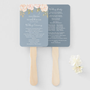 Wedding Blush Floral Watercolor Dusty Blue Program Hand Fan