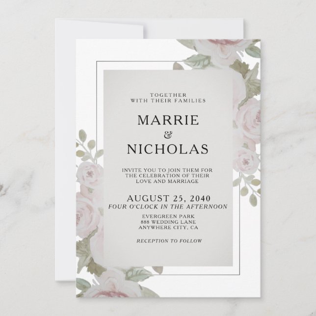 Wedding Blush Gray Pink Rose Floral Watercolor (Front)
