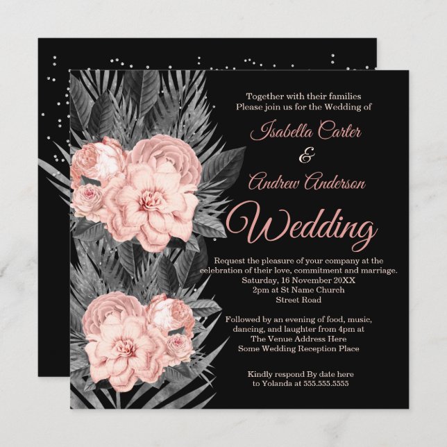 Wedding Blush Peach Charcoal Floral Black Invitation (Front/Back)