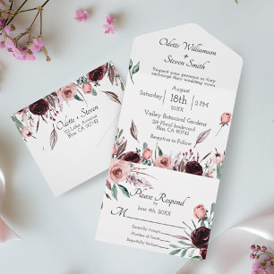 Wedding Blush Pink and Burgundy Floral Watercolor  All In One Invitation