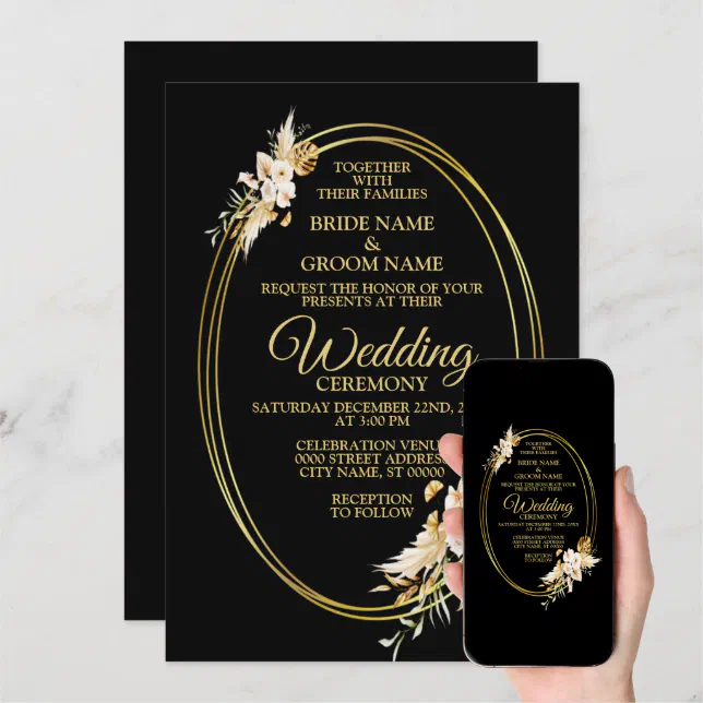 Wedding Blush Pink Floral Golden Black Geometric Invitation Zazzle