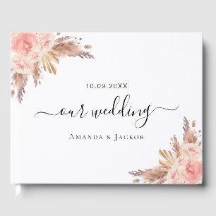 Wedding blush pink floral pampas grass rose gold guest book